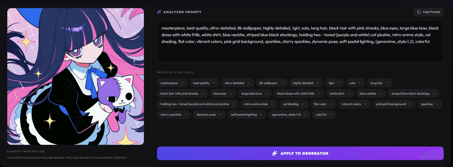 Resultados de prompt generados mostrados en editor de texto con funcionalidad de copiar y editar