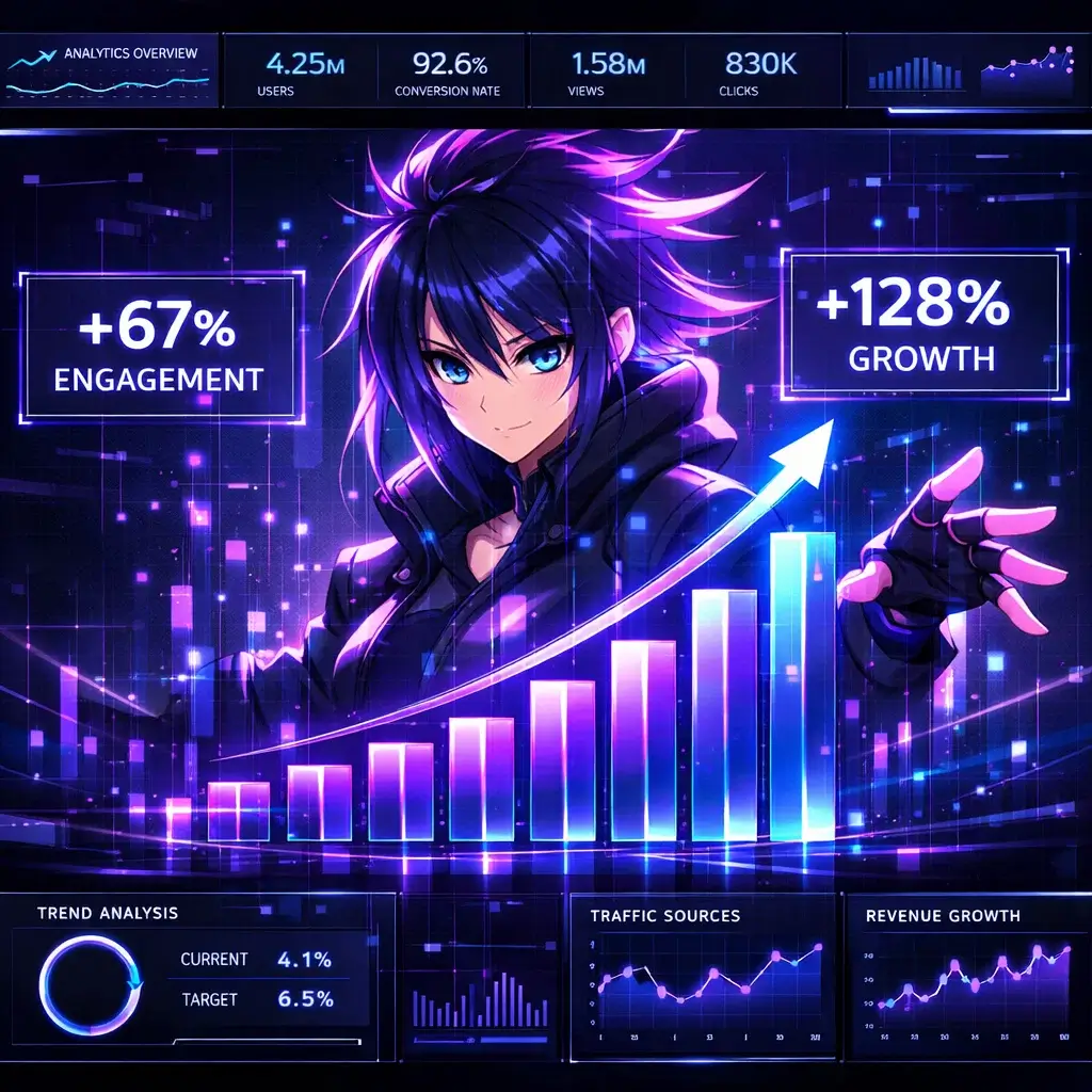 A data visualization dashboard demonstrating the success of anime aesthetics in marketing, showing significant growth in engagement and conversion rates through futuristic charts and anime-style graphics.