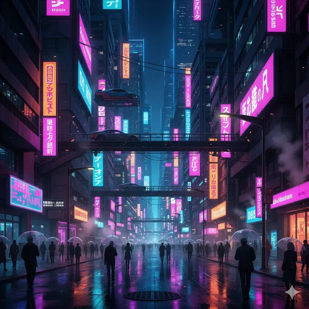 Cyberpunk neon city street at night in anime aesthetic, rainy futuristic cityscape, high-quality AI generated background