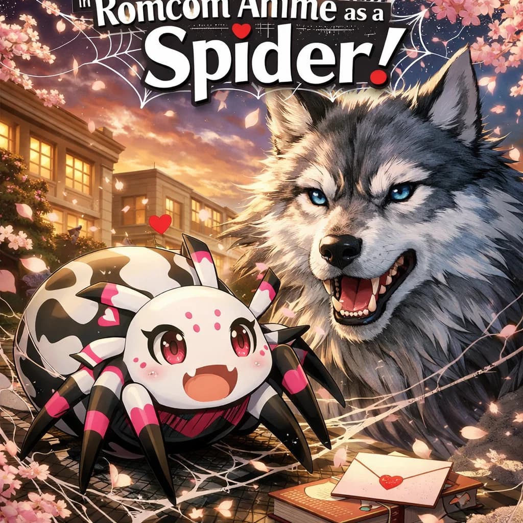 High-quality anime illustration of a manga key visual from that time i got reincarnated in romcom anime as a spider featuring a spider with a wolf