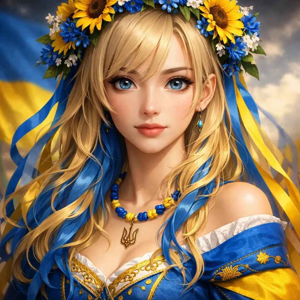 High-quality anime illustration of a portrait of anime ukrainian blue and yellow girl