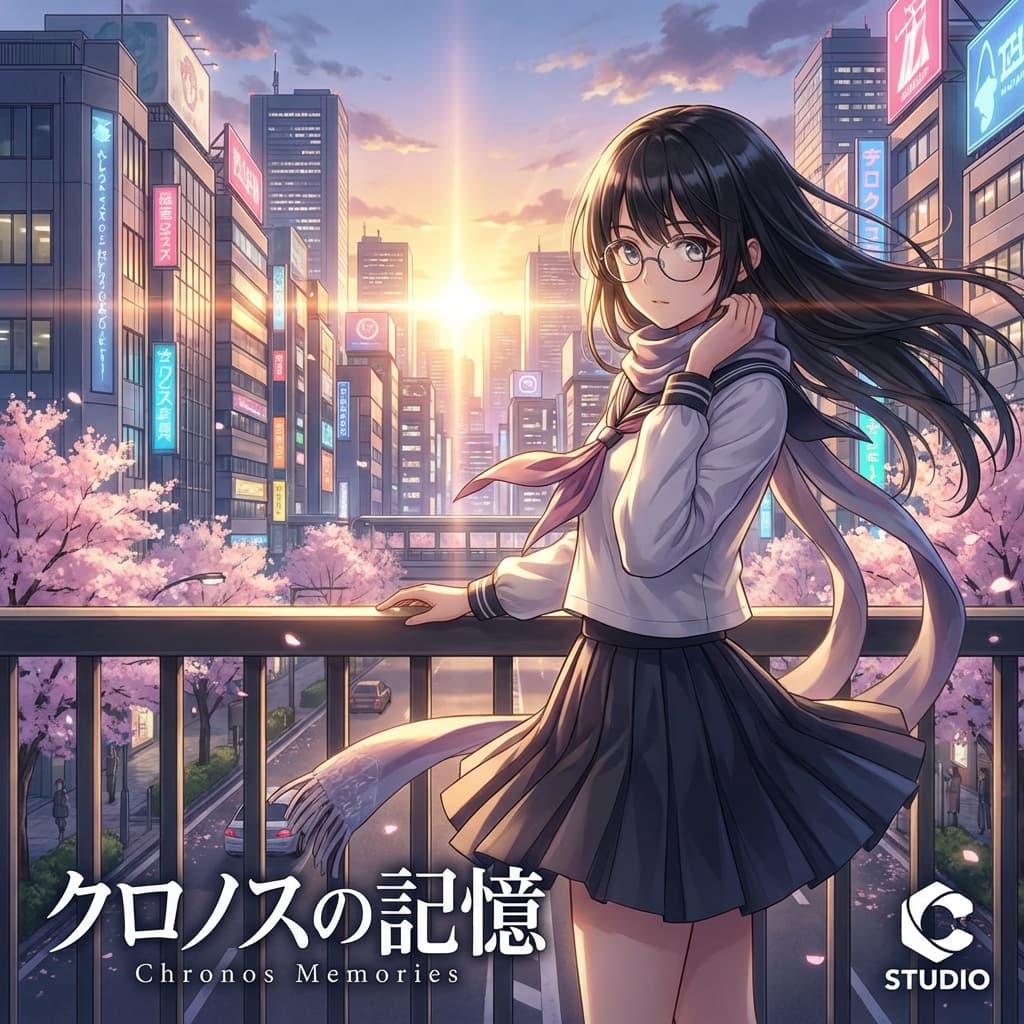 High-quality anime illustration of anime key visual of a girl with black hair and glasses