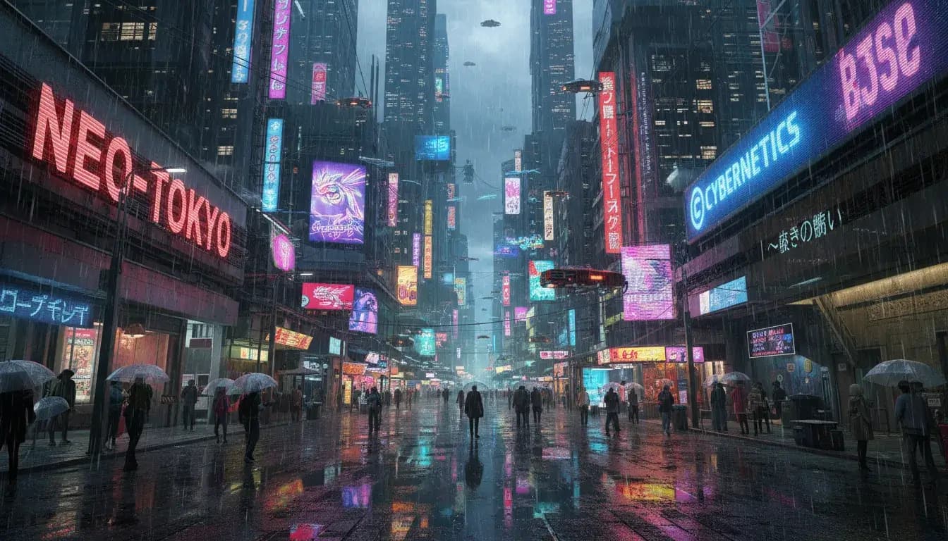 High-quality anime illustration in Ufotable Digital Cinematic style featuring a cyberpunk neon city