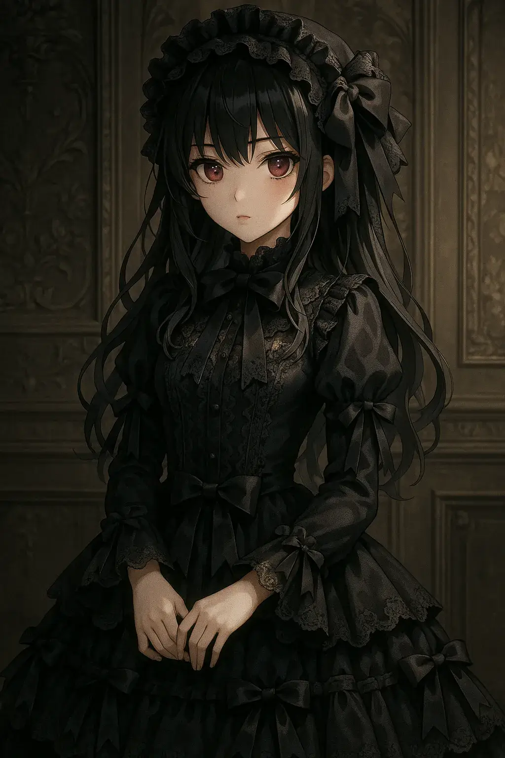 Anime Bild: Gothic Lolita anime girl with lace and ribbons, Victorian style background