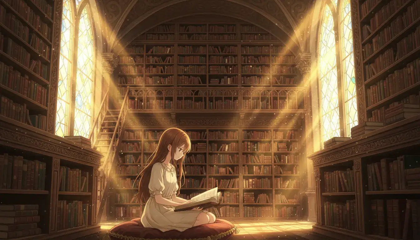 Anime Bild: Anime girl reading in ancient library with sunlight rays, atmospheric illustration