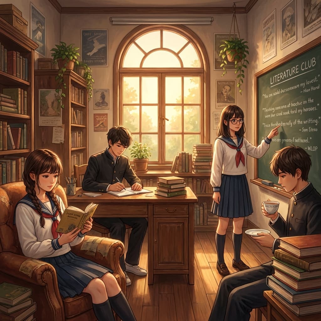 High-quality anime illustration of literature club by krenz cushart
