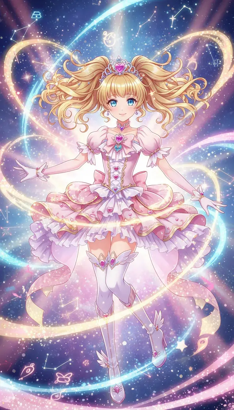 Anime Bild: Cute magical girl transformation sequence with sparkles, anime style illustration