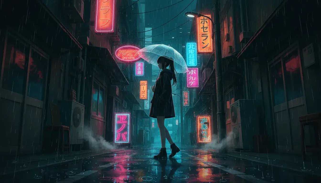 Anime Bild: Anime girl with umbrella walking in rainy Tokyo neon alley, cinematic 8k wallpaper