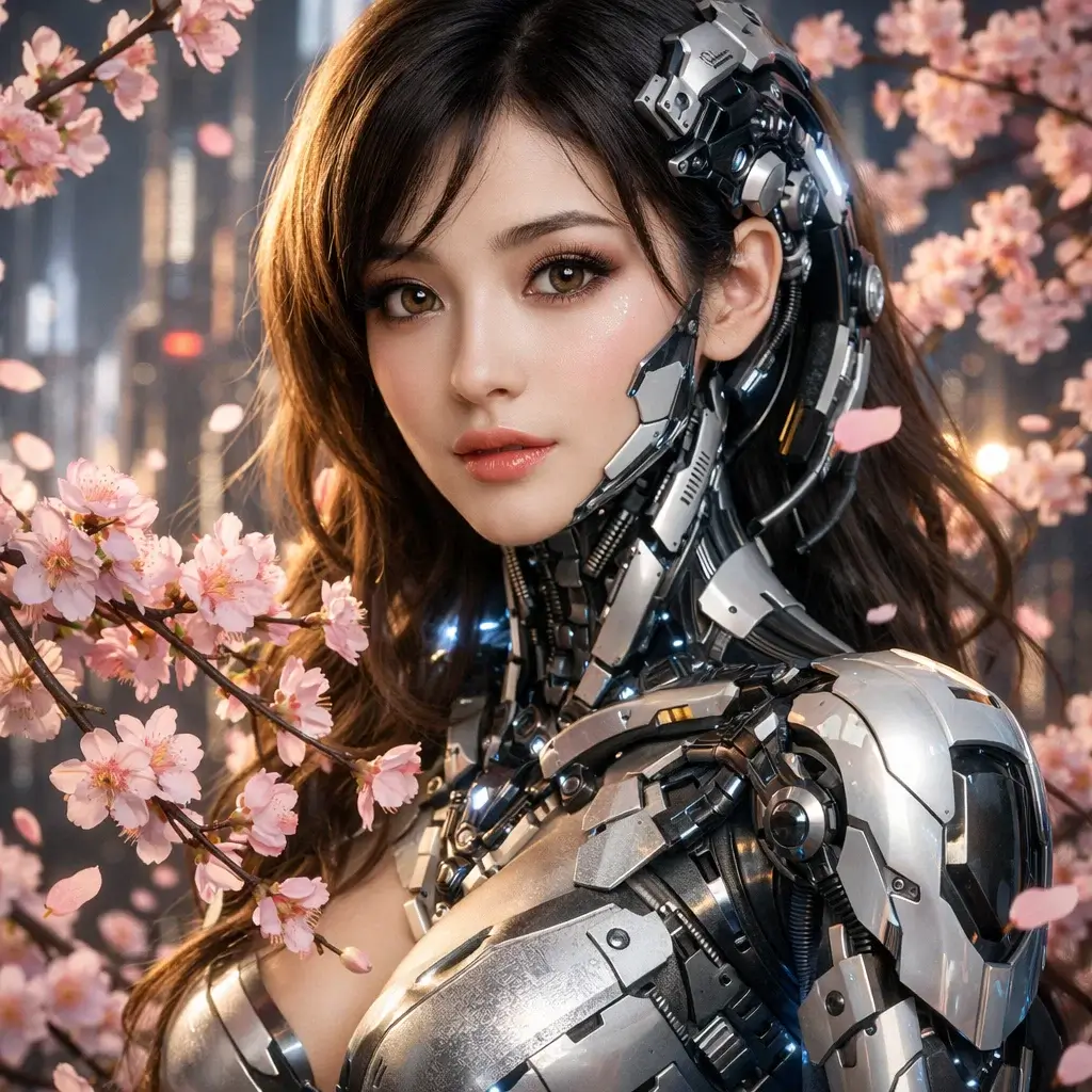 Anime Bild: Futuristic anime art of a pretty cyborg lady with sakura flowers background