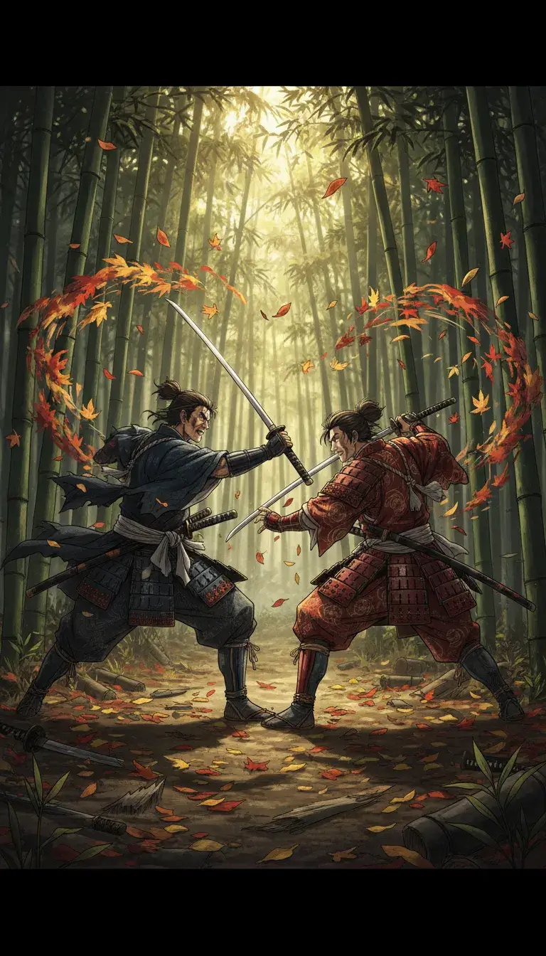 Anime Bild: Seinen style anime samurai duel scene in bamboo forest, mature art style