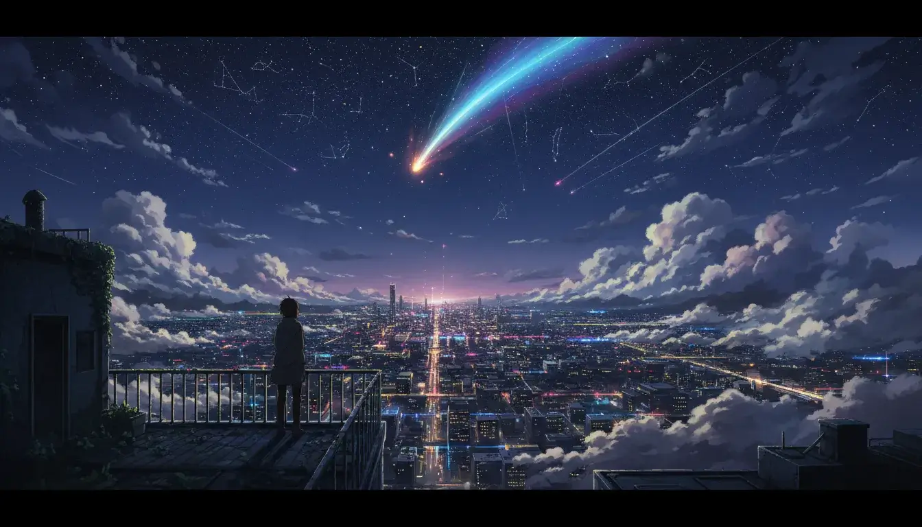 Breathtaking anime scene of a person on a rooftop overlooking a glowing city under a starry sky.