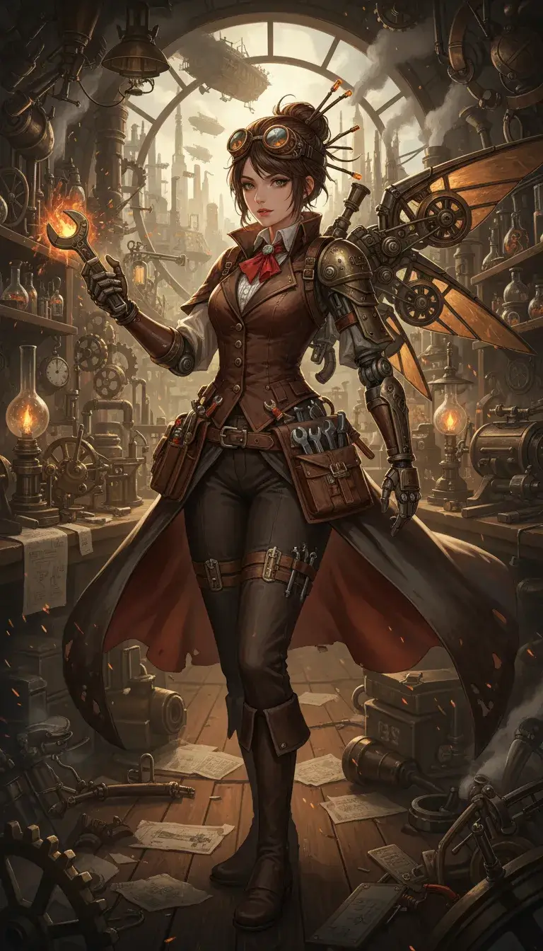 Anime Bild: Steampunk style anime girl inventor with goggles and gears in workshop