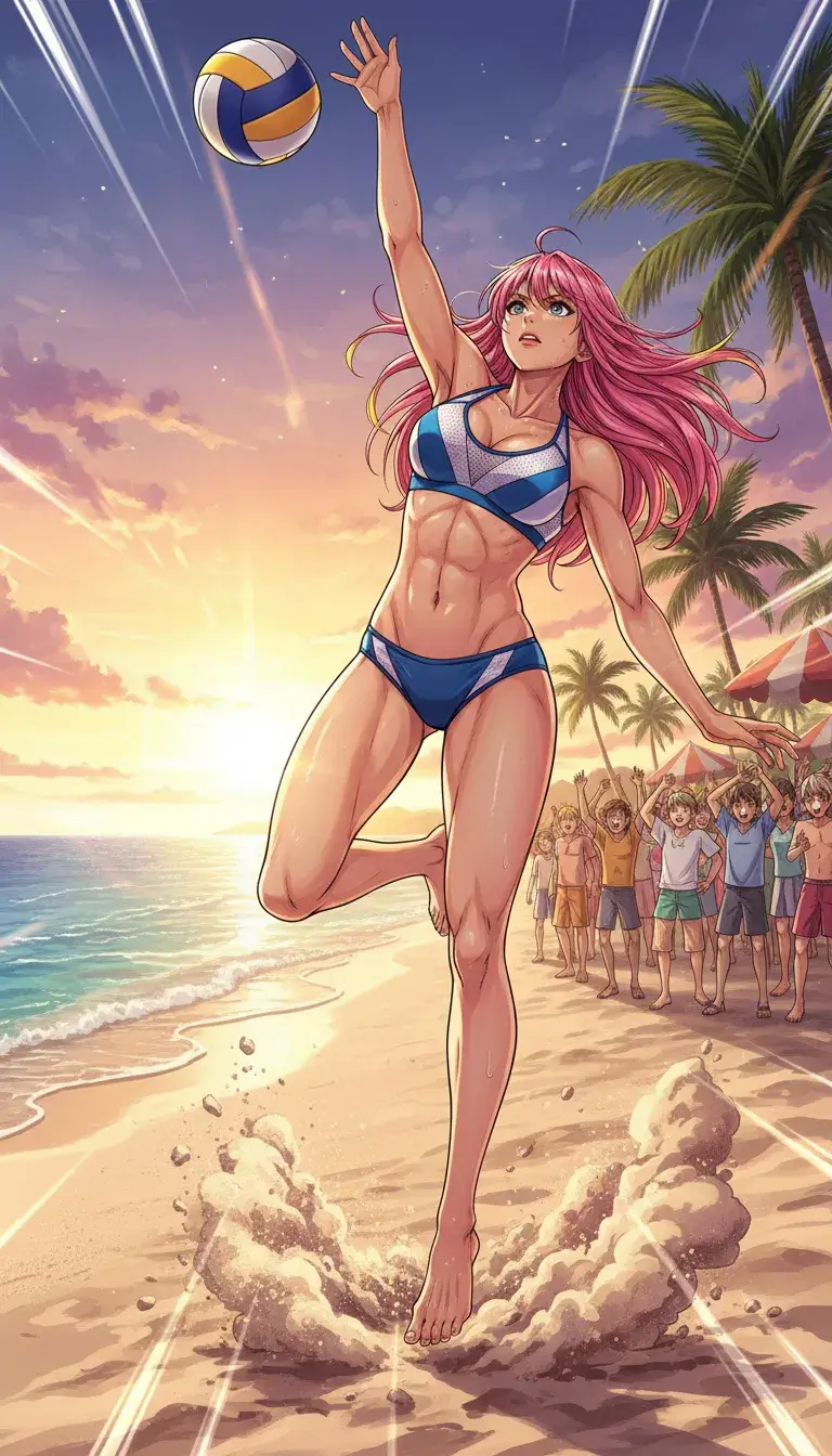 Beach Volleyball Action - High quality anime art illustration