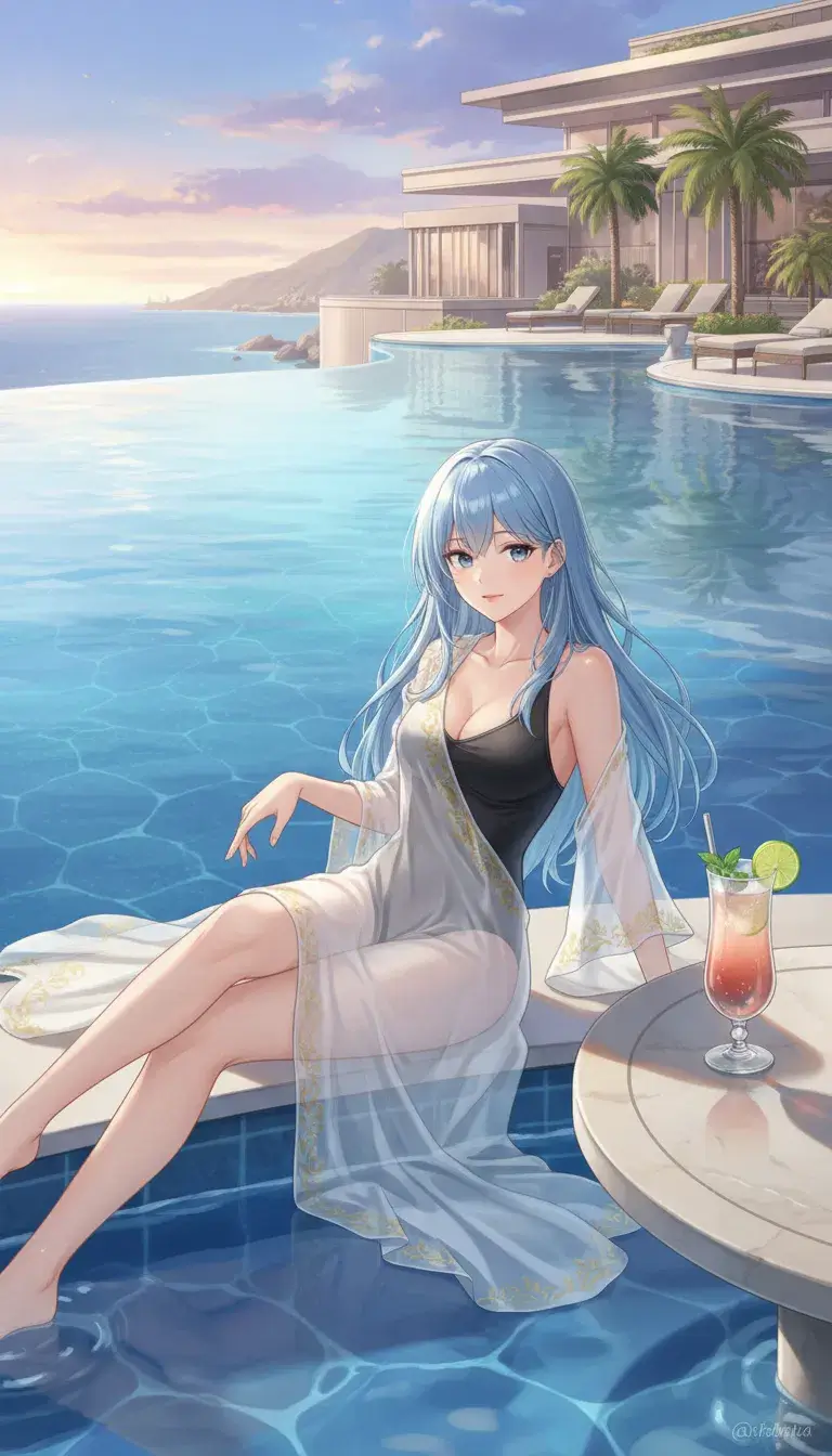 Poolside Elegance - High quality anime art illustration